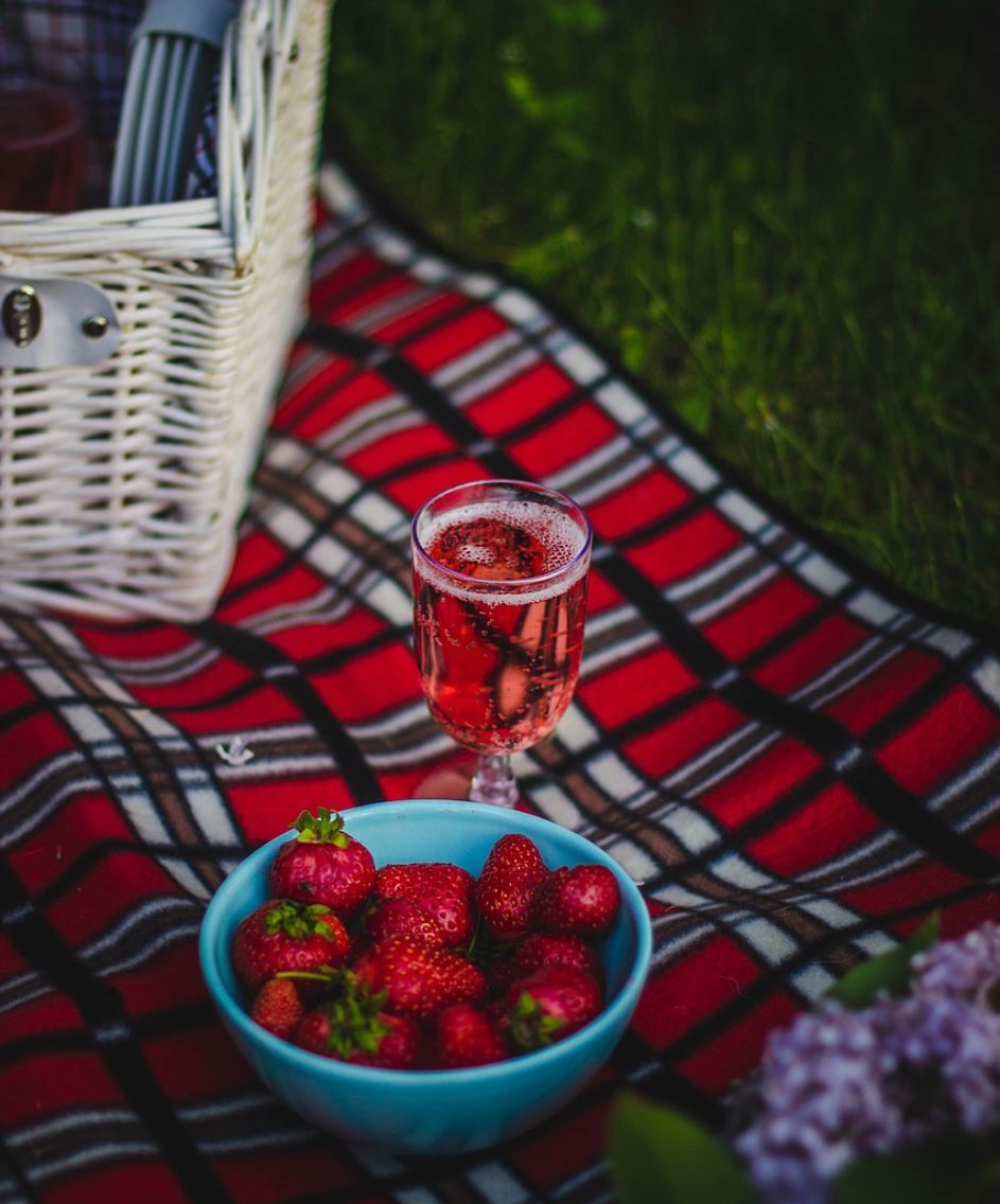 Picknick mit Erdbeeren und Sekt